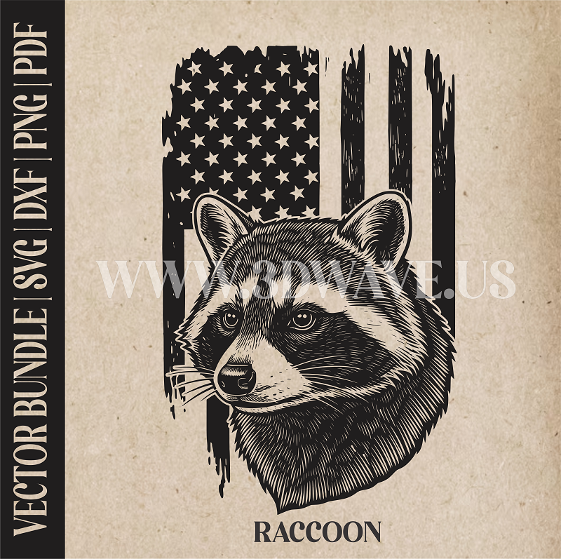 Raccoon on American Flag Background | Vector Art: LaserCut Files for Cricut, Glowforge SVG | Digital Products