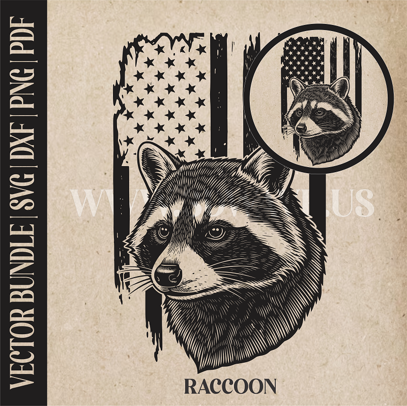 Raccoon on American Flag Background | Vector Art: LaserCut Files for Cricut, Glowforge SVG | Digital Products