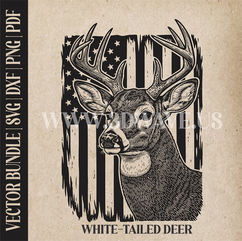 White-tailed Deer  on American Flag | Vector Art: LaserCut Files for Cricut, Glowforge SVG | Digital Products