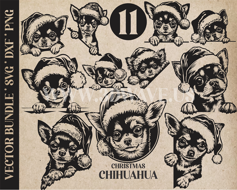 Peeking Chihuahua Dog Bundle | Vector Art | Peeking Puppy Illustration | Santa Claus | Christmas  (Digital Download)