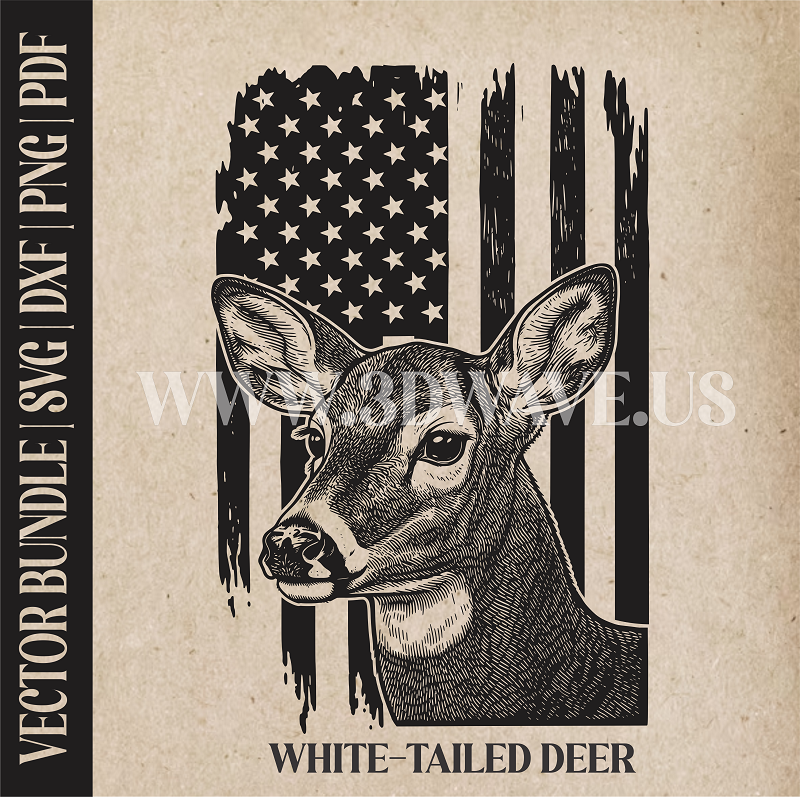 White-tailed Deer  on American Flag | Vector Art: LaserCut Files for Cricut, Glowforge SVG | Digital Products