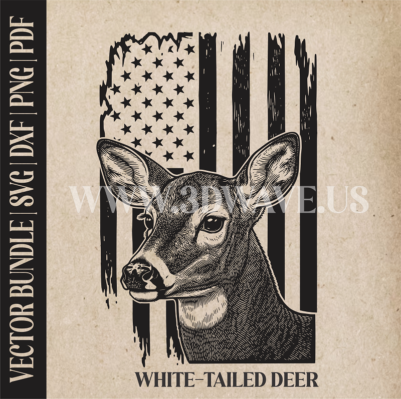 White-tailed Deer  on American Flag | Vector Art: LaserCut Files for Cricut, Glowforge SVG | Digital Products
