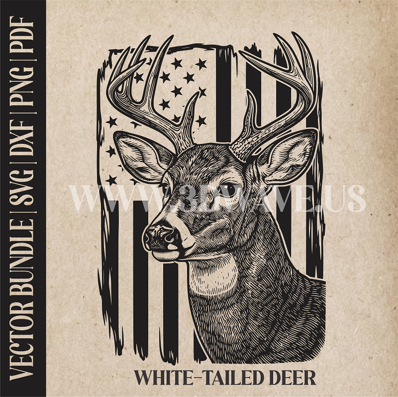 White-tailed Deer  on American Flag | Vector Art: LaserCut Files for Cricut, Glowforge SVG | Digital Products