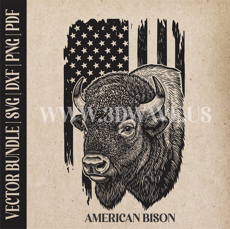 Bison on american flag background  | Vector Art: LaserCut Files for Cricut, Glowforge SVG | Digital Products
