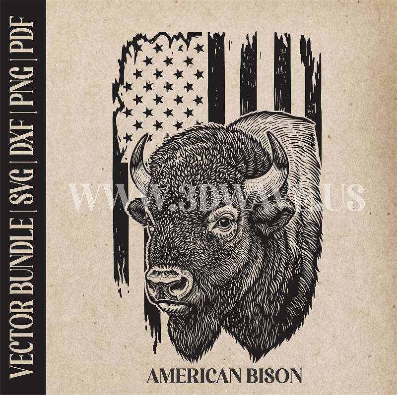 Bison on american flag background  | Vector Art: LaserCut Files for Cricut, Glowforge SVG | Digital Products