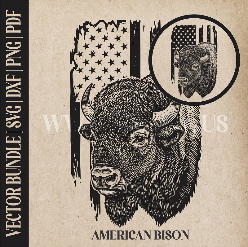 Bison on american flag background  | Vector Art: LaserCut Files for Cricut, Glowforge SVG | Digital Products