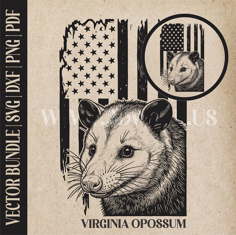 Opossum on American Flag Background | Vector Art: LaserCut Files for Cricut, Glowforge SVG | Digital Products