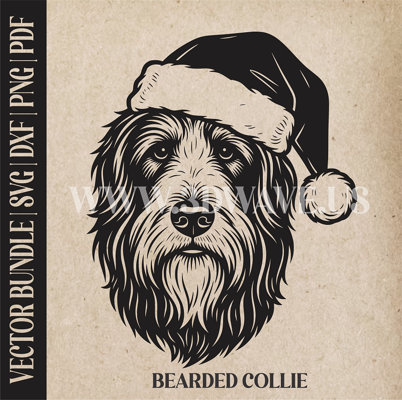 Bearded Collie Santa Dog  | Vector Art: LaserCut Files for Cricut, Glowforge SVG | Digital Products