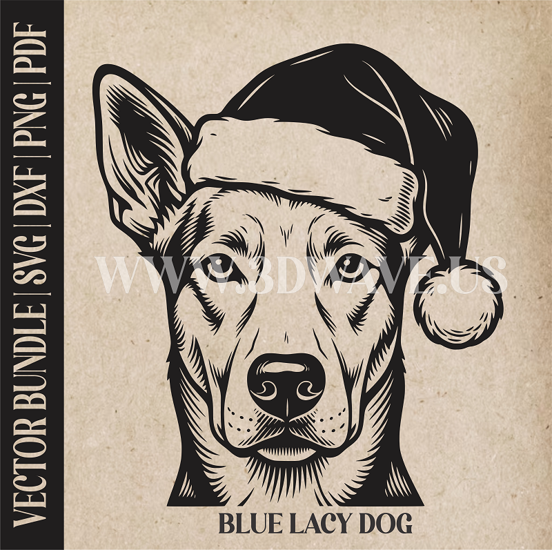 Blue Lacy Santa Dog  | Vector Art: LaserCut Files for Cricut, Glowforge SVG | Digital Products