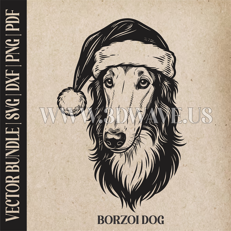 Borzoi Santa Dog  | Vector Art: LaserCut Files for Cricut, Glowforge SVG | Digital Products