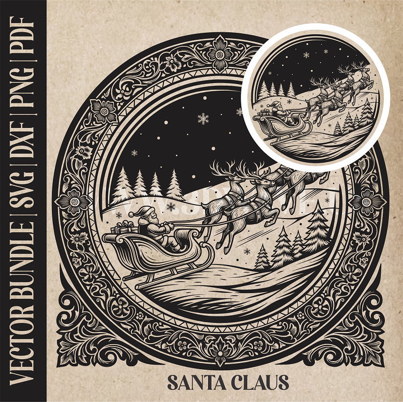 Santa Claus & reindeer| Vector Art: LaserCut Files for Cricut, Glowforge SVG | Digital Products