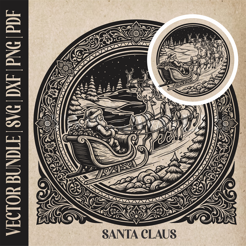 Santa Claus & reindeer| Vector Art: LaserCut Files for Cricut, Glowforge SVG | Digital Products