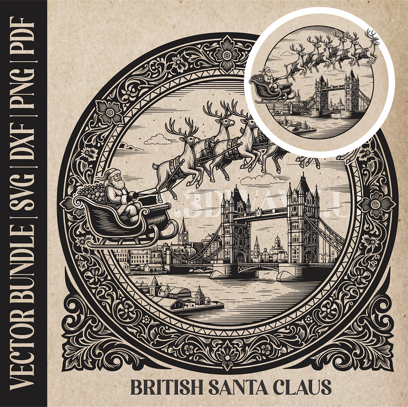 British Santa Claus & reindeer| Vector Art: LaserCut Files for Cricut, Glowforge SVG | Digital Products
