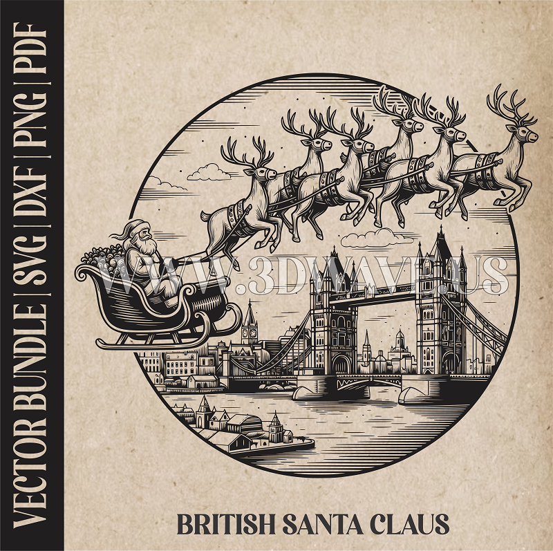 British Santa Claus & reindeer| Vector Art: LaserCut Files for Cricut, Glowforge SVG | Digital Products