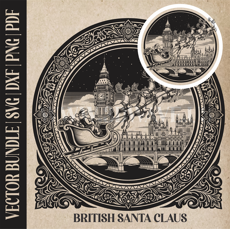 British Santa Claus & reindeer| Vector Art: LaserCut Files for Cricut, Glowforge SVG | Digital Products