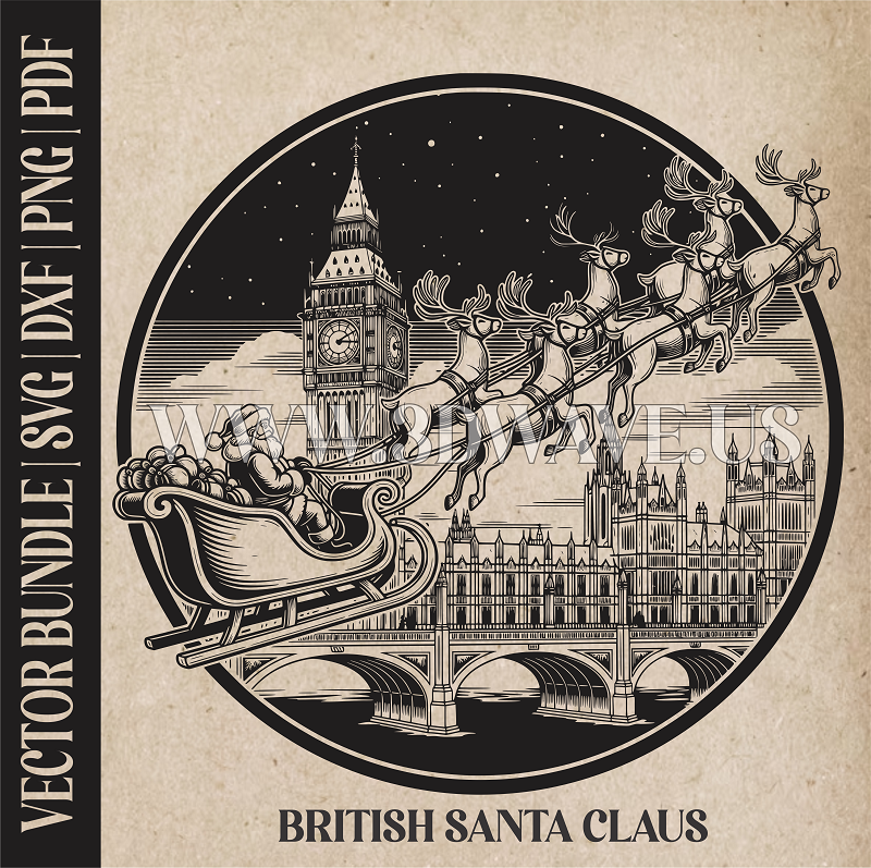 British Santa Claus & reindeer| Vector Art: LaserCut Files for Cricut, Glowforge SVG | Digital Products