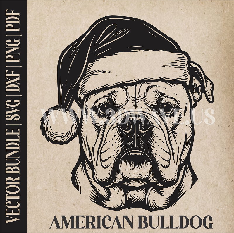 American Bulldog Santa Dog | Vector Art: LaserCut Files for Cricut, Glowforge SVG | Digital Products