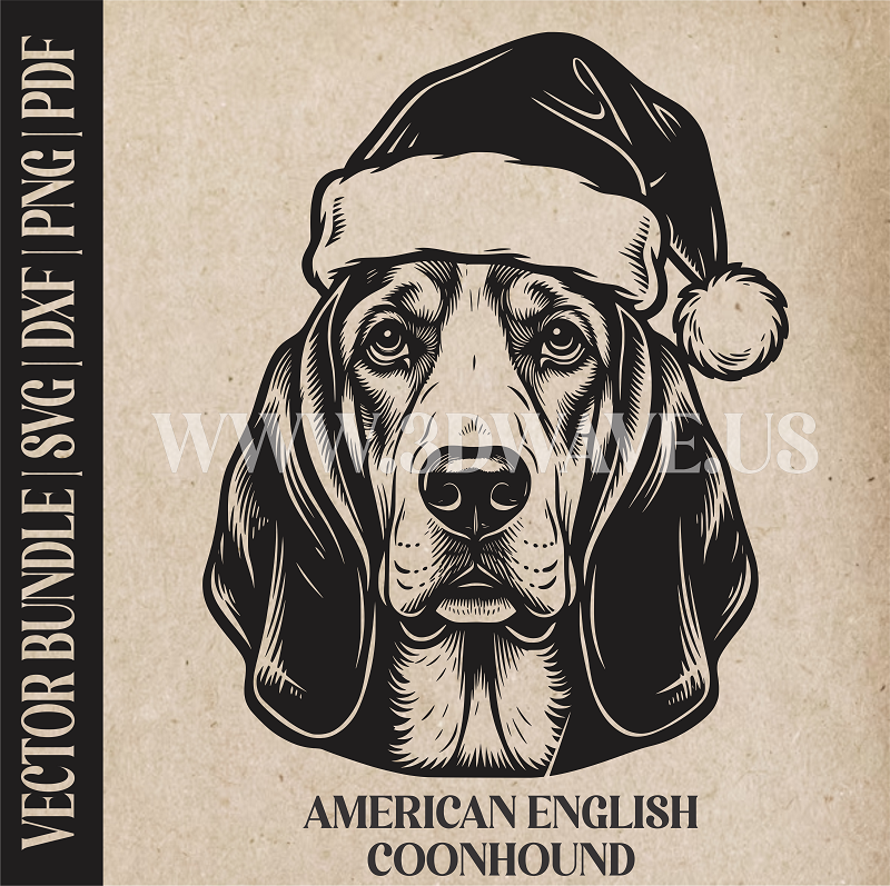 American English Coonhound Santa Dog | Vector Art: LaserCut Files for Cricut, Glowforge SVG | Digital Products (Copy)