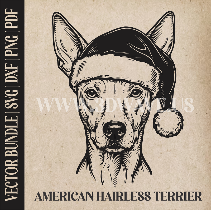 American Hairless Terrier Santa Dog | Vector Art: LaserCut Files for Cricut, Glowforge SVG | Digital Products