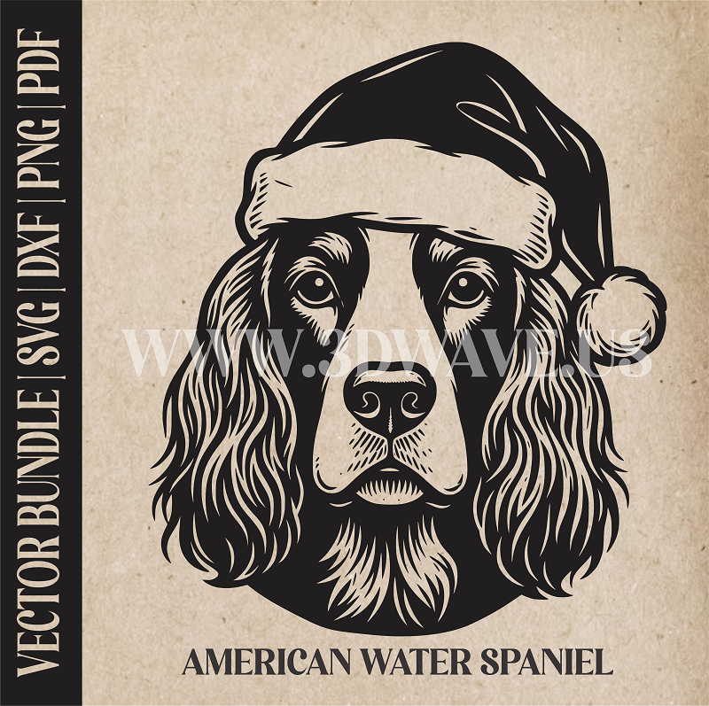American Water Spaniel Santa Dog  | Vector Art: LaserCut Files for Cricut, Glowforge SVG | Digital Products