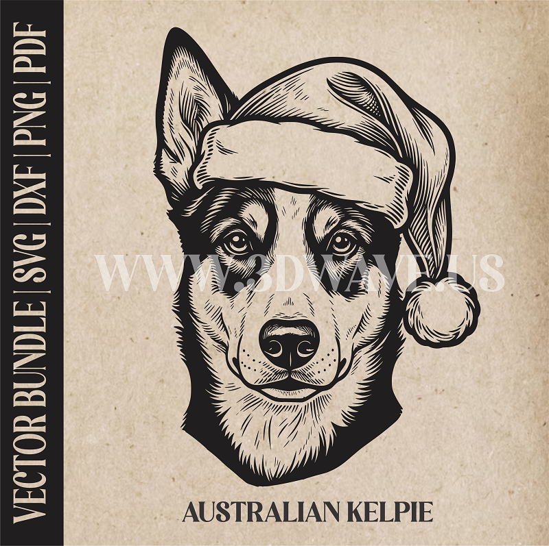 Australian Kelpie Santa Dog  | Vector Art: LaserCut Files for Cricut, Glowforge SVG | Digital Products