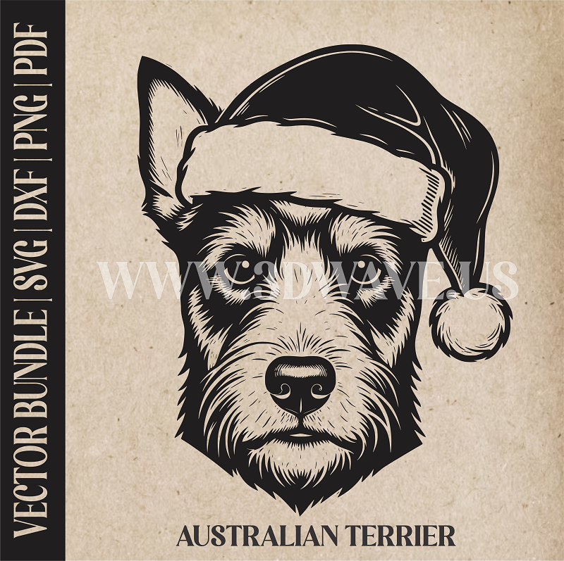 Australian Terrier Santa Dog  | Vector Art: LaserCut Files for Cricut, Glowforge SVG | Digital Products