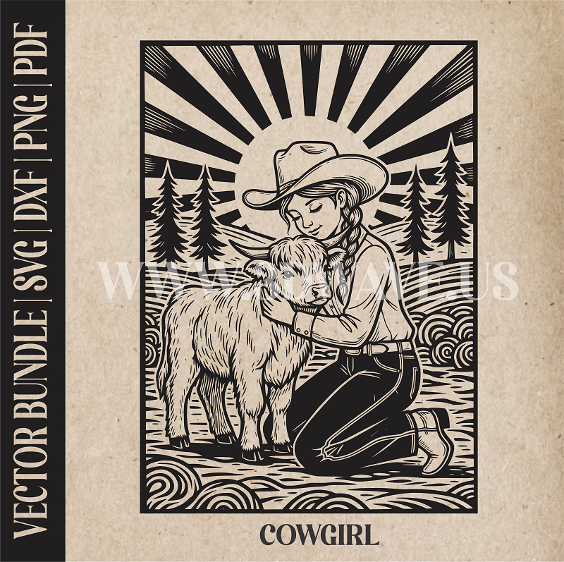 Cowgirl with Highland Cow  | Vector Art: LaserCut Files for Cricut, Glowforge SVG | Digital Products
