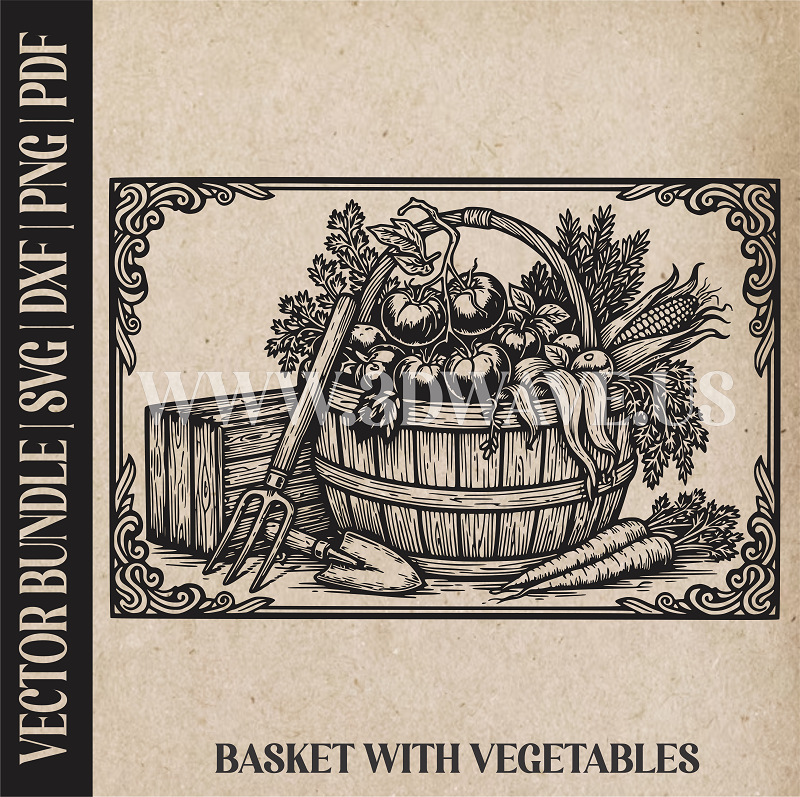 Basket with vegetable  | Vector Art: LaserCut Files for Cricut, Glowforge SVG | Digital Products