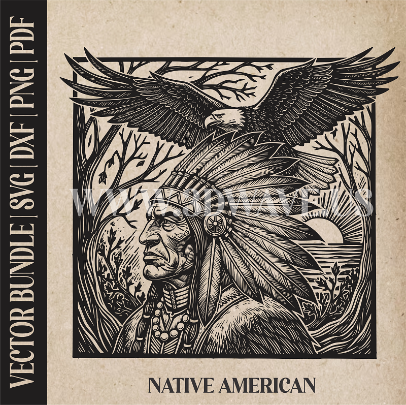 Native American with Eagle  | Vector Art: LaserCut Files for Cricut, Glowforge SVG | Digital Products