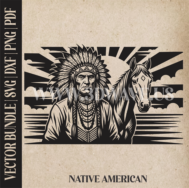 Native American with Horse| Vector Art: LaserCut Files for Cricut, Glowforge SVG | Digital Products