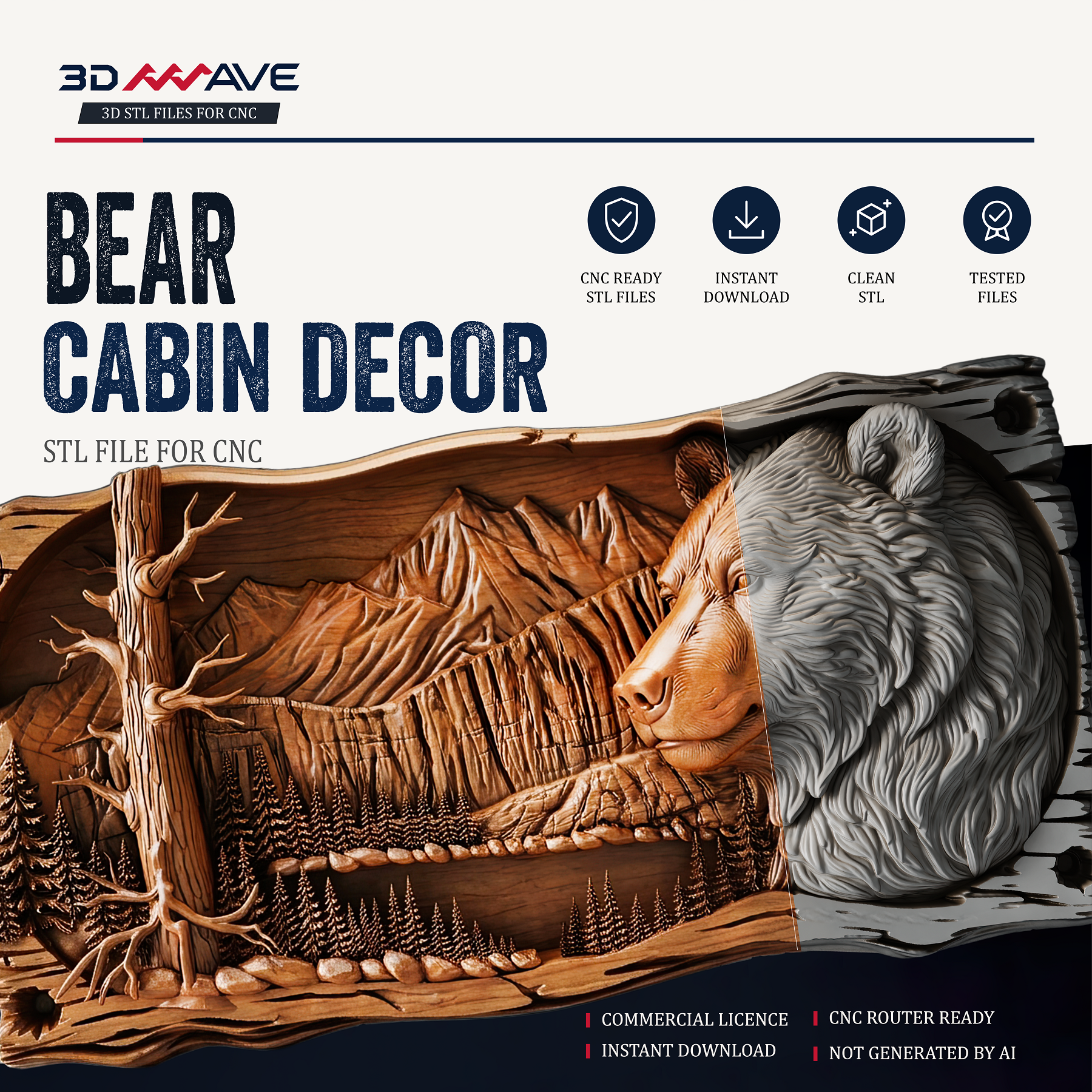 Bear STL CNC router file with mountain forest wildlife relief design