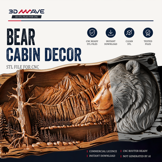 Bear STL CNC router file with mountain forest wildlife relief design