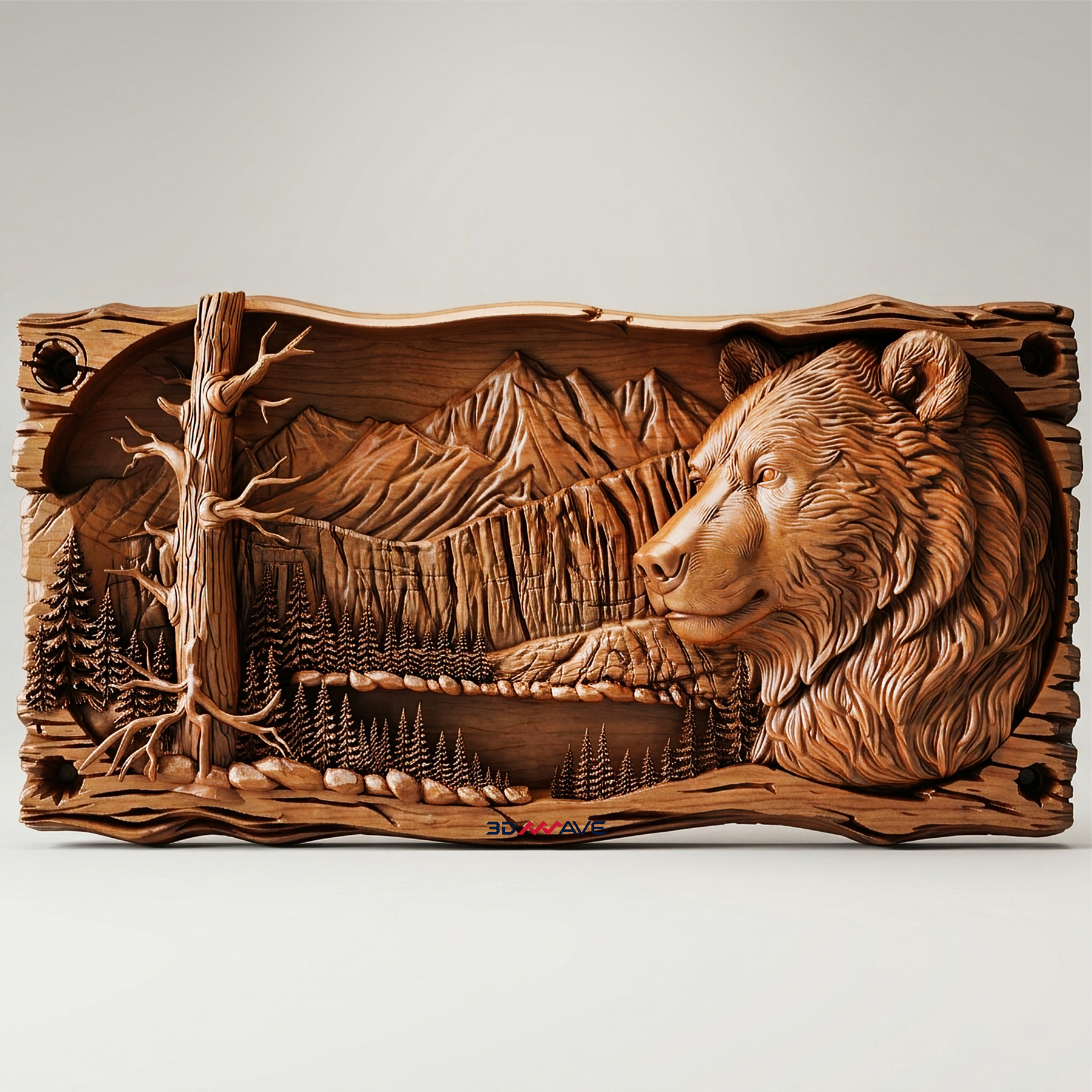Bear wall art relief with mountain and forest scene for CNC carving