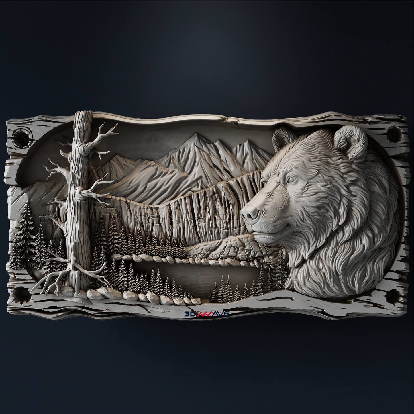 Bear 3D relief STL shown as a detailed CNC wood carving