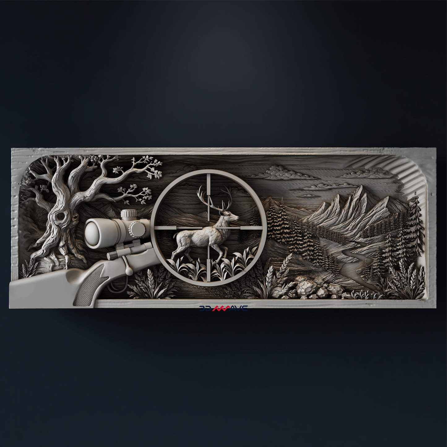 Finished deer wood carving created from CNC STL file for rustic hunting cabin wall decor