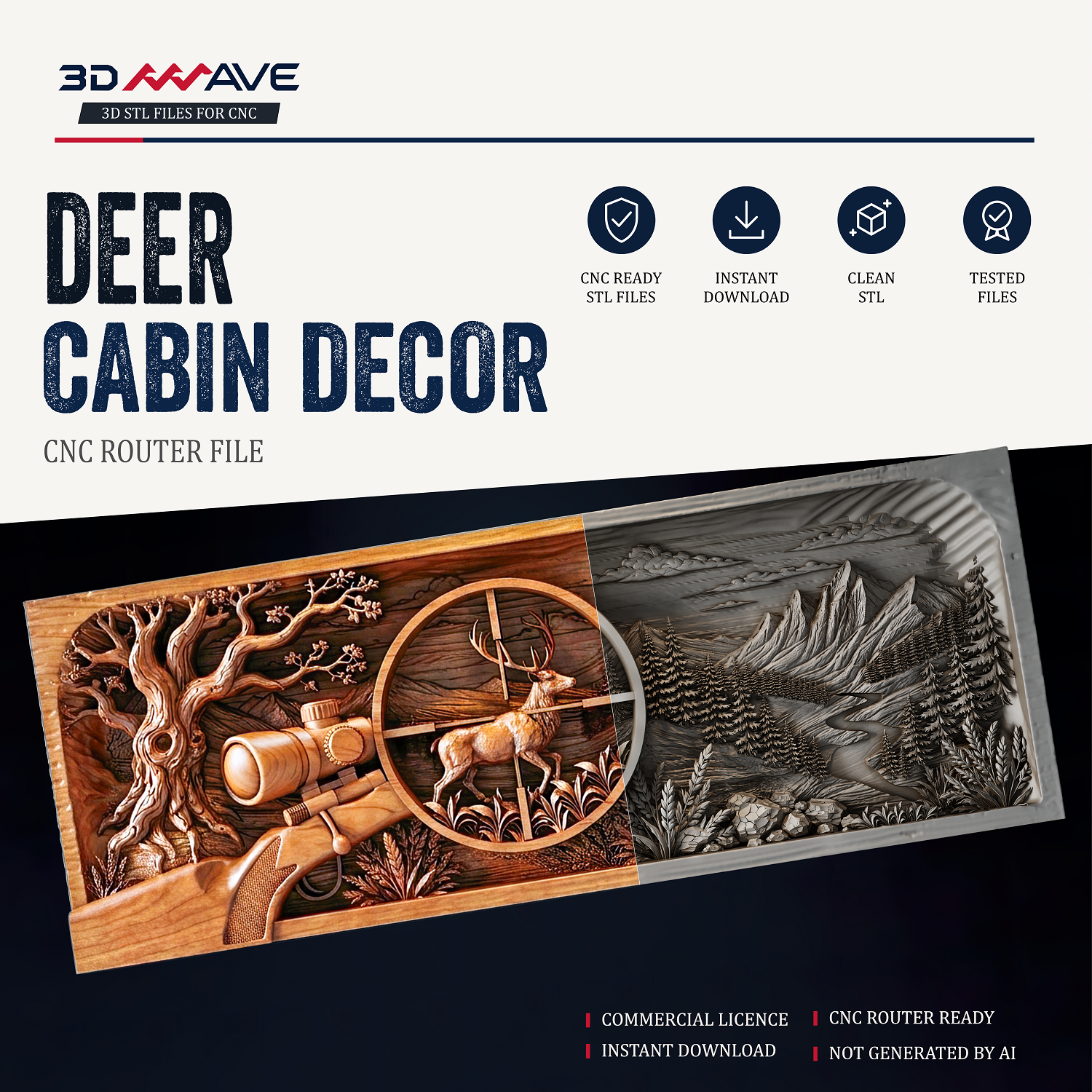 Deer STL file for CNC router featuring whitetail deer hunting scene with rifle forest and mountains