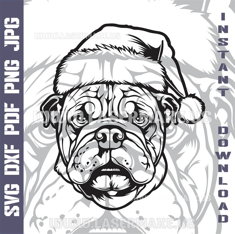 English Bulldog Santa Dog Laser and Cricut SVG Vector Files