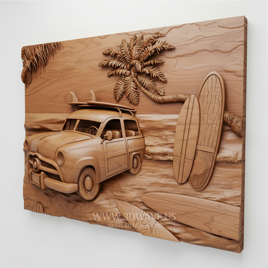 Dimensions and measurements diagram for Woody Wagon beach relief CNC model