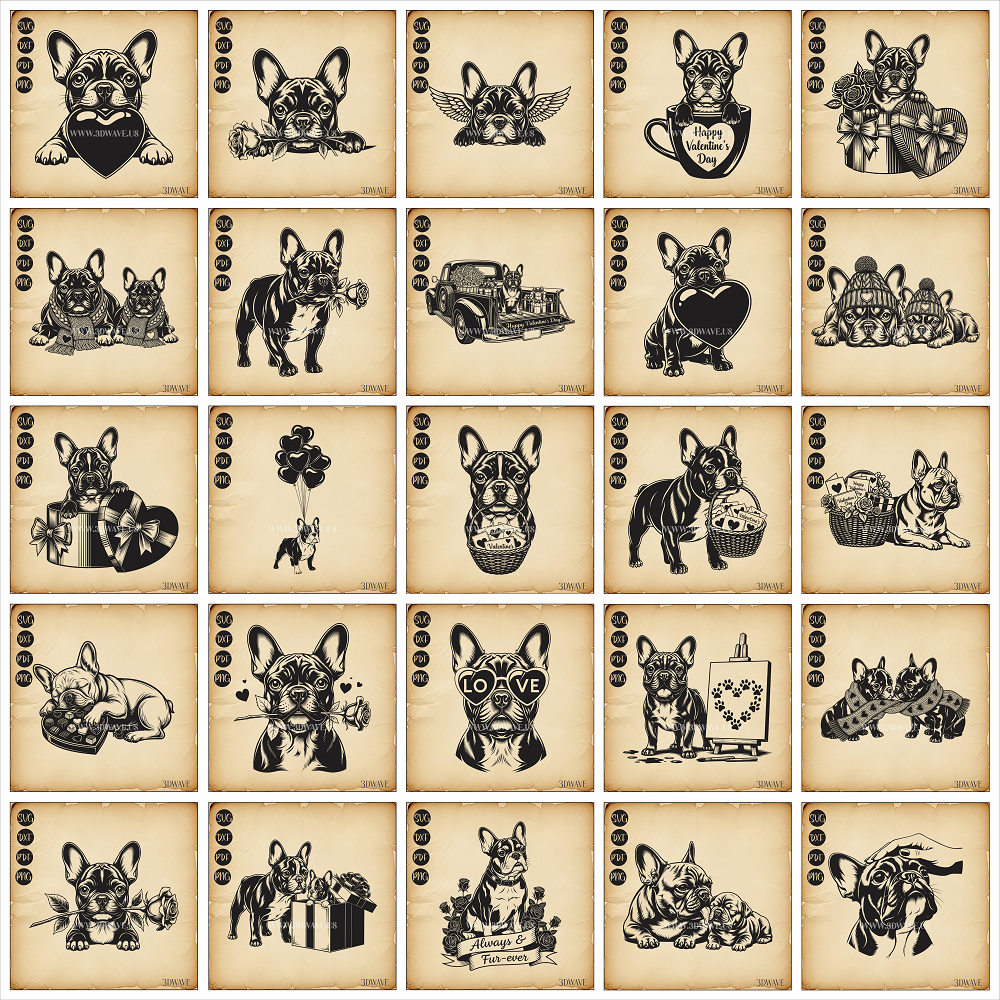 Saint Valentin French Bulldog Bundles Dog  | Vector Art: LaserCut Files for Cricut, Glowforge SVG | Digital Products (Copy)