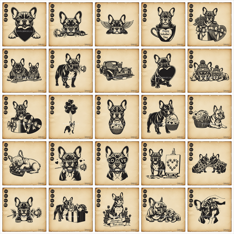 Saint Valentin French Bulldog Bundles Dog  | Vector Art: LaserCut Files for Cricut, Glowforge SVG | Digital Products (Copy)