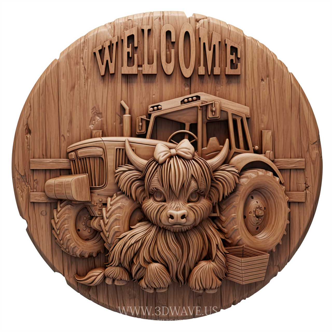 Farm Welcome Sign - 3D Model for CNC | Highland Cow & Tractor STL File - 3DWave.us