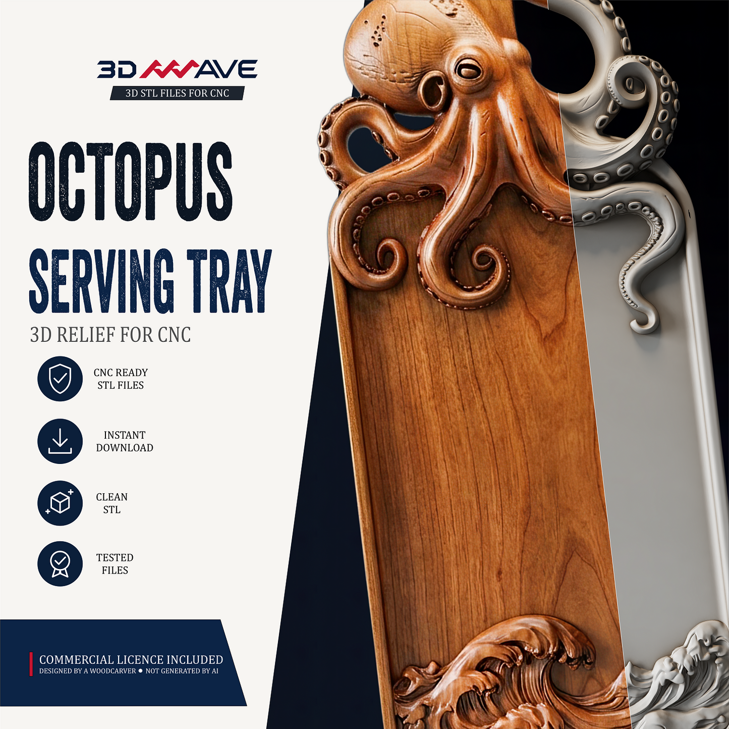 Octopus STL file for CNC router wood carving relief.