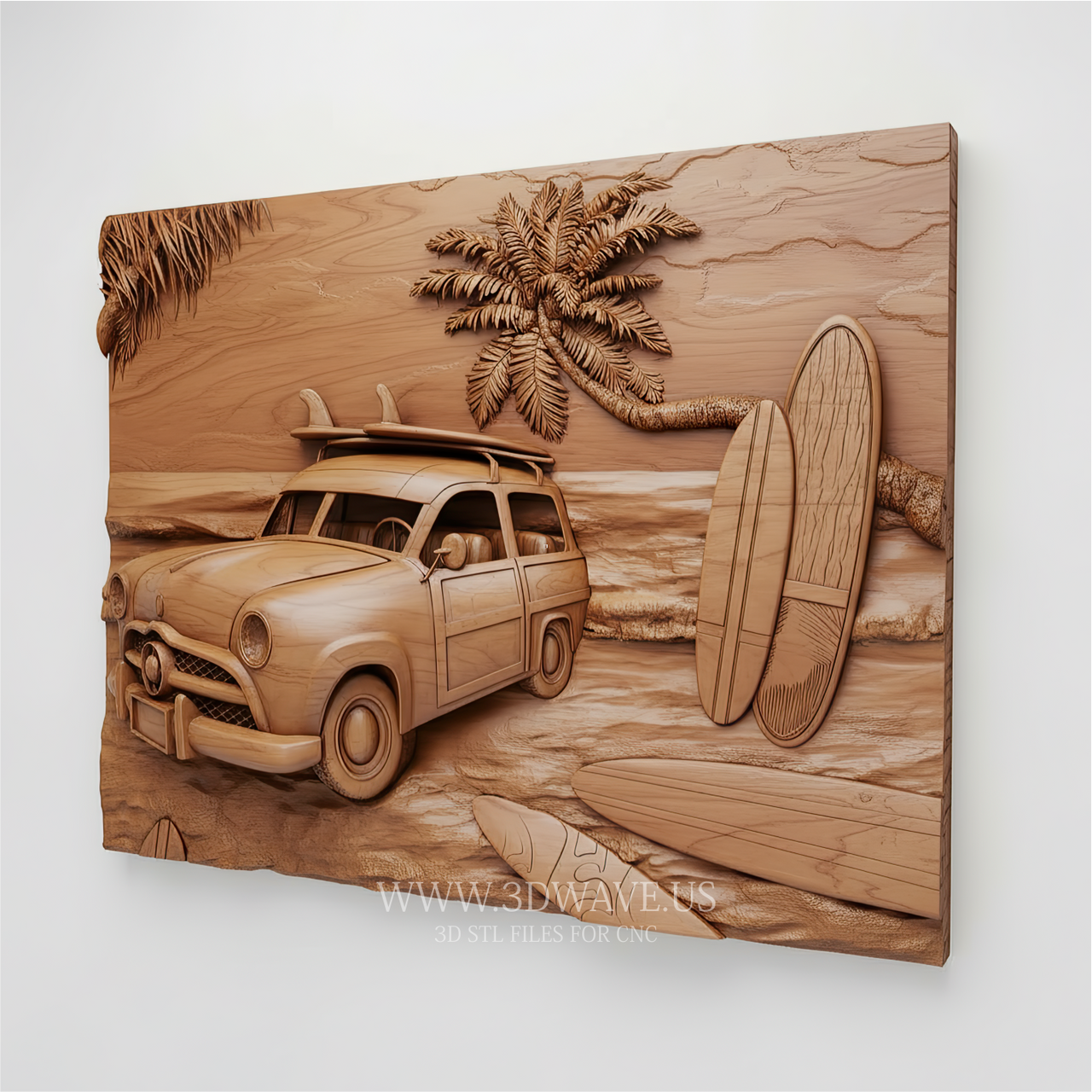 Woody Wagon beach relief panel displayed on wooden wall in home interior