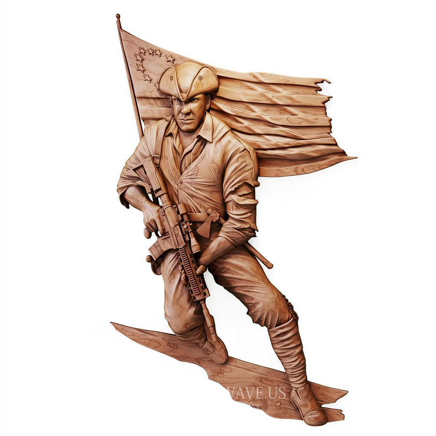 Patriot with Rifle and Flag - 3D Model for CNC | American Wood Carving STL File - 3DWave.us