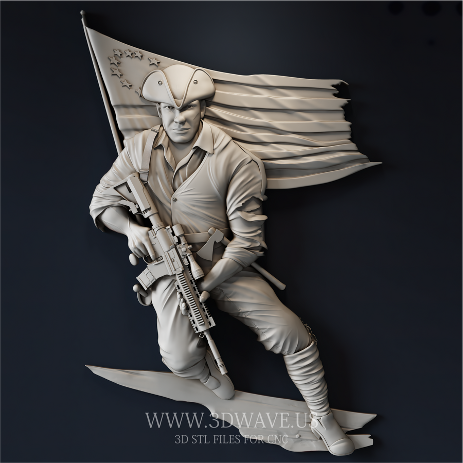 Patriot with Rifle and Flag - 3D Model for CNC | American Wood Carving STL File - 3DWave.us