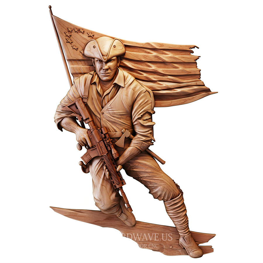 Patriot with Rifle and Flag - 3D Model for CNC | American Wood Carving STL File - 3DWave.us