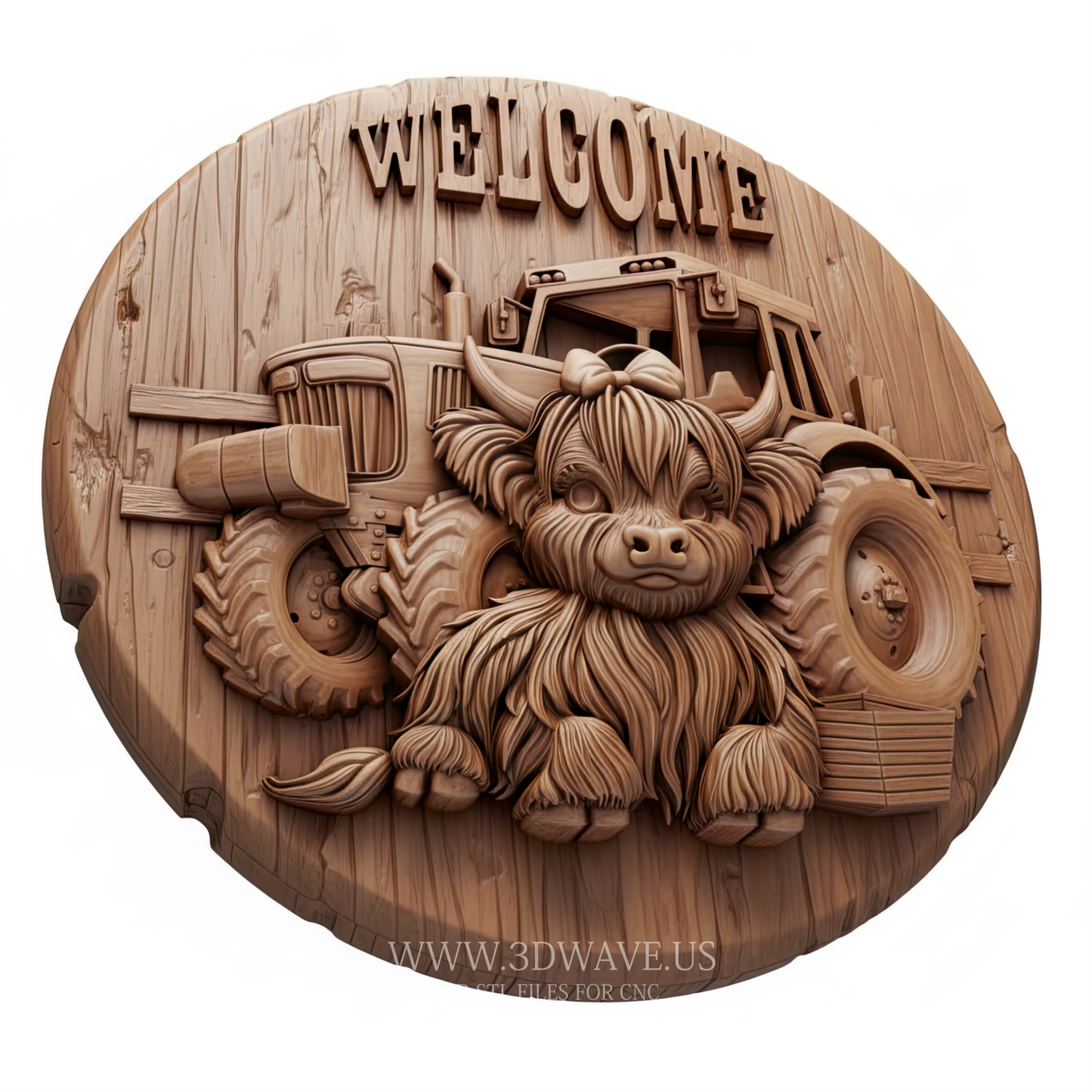 Farm Welcome Sign - 3D Model for CNC | Highland Cow & Tractor STL File - 3DWave.us