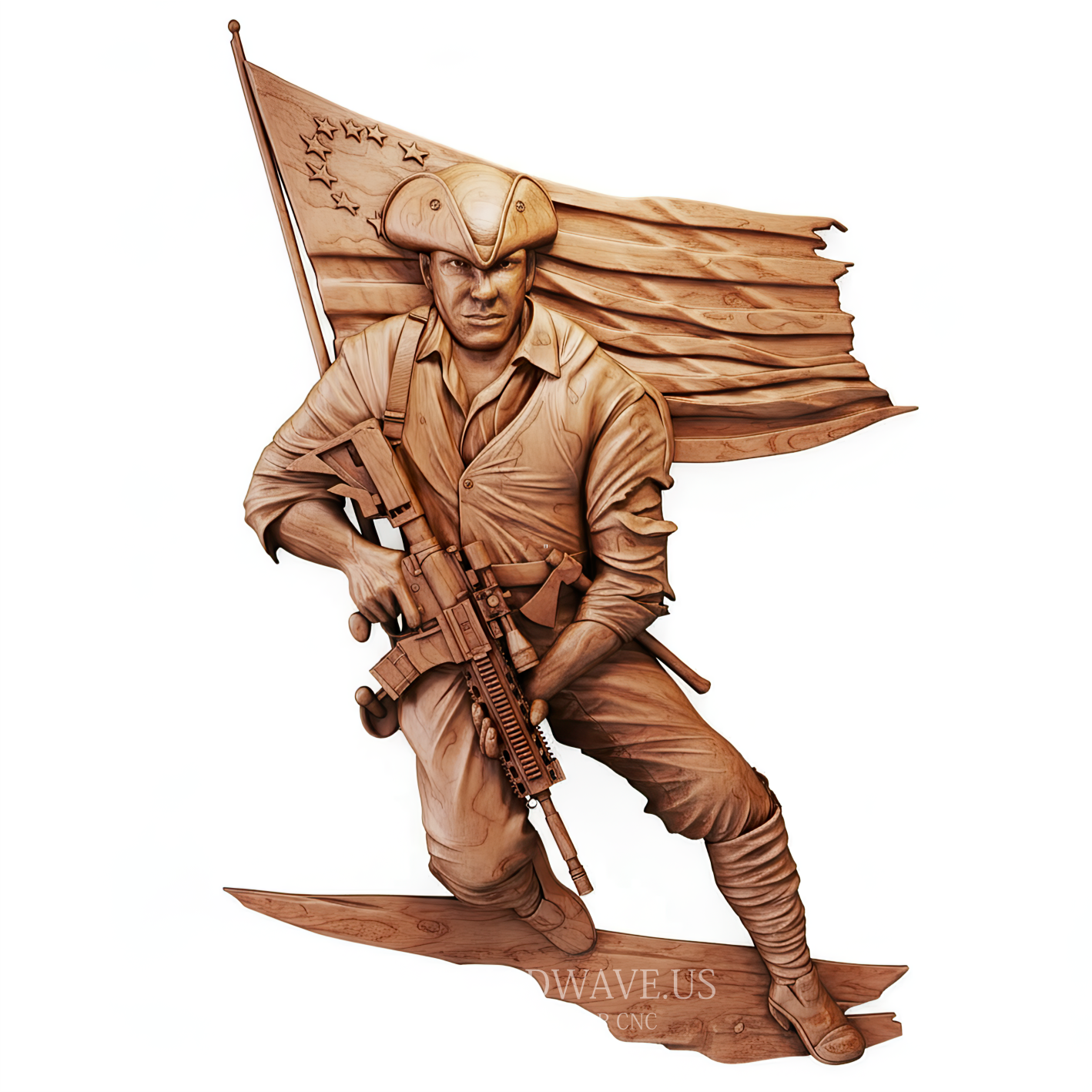Patriot with Rifle and Flag - 3D Model for CNC | American Wood Carving STL File - 3DWave.us