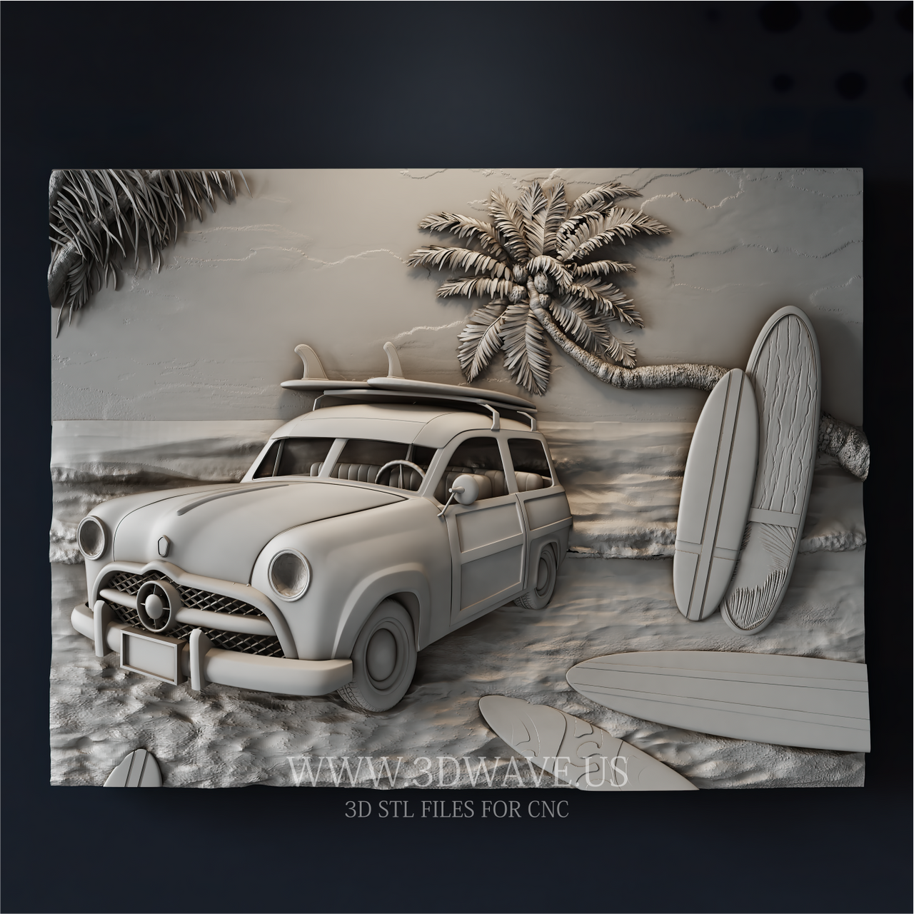 Side view of beach relief carving panel showing depth and details of vintage woody wagon