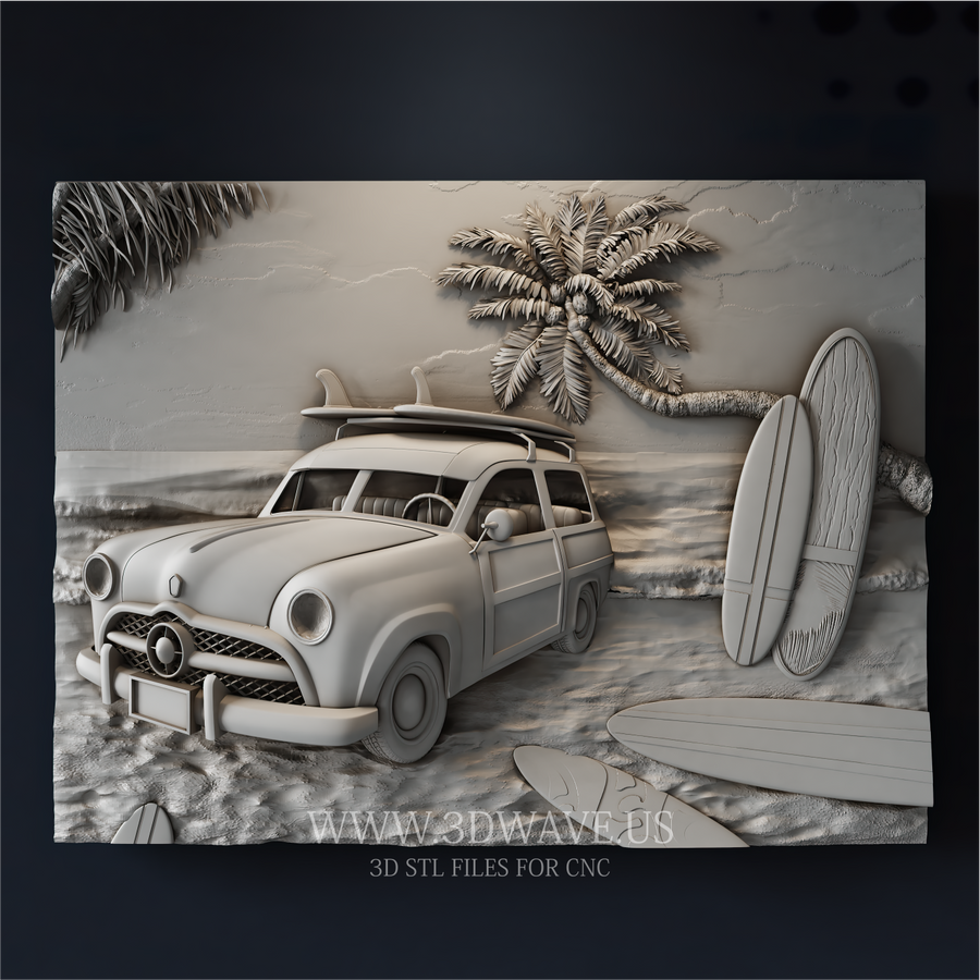 Side view of beach relief carving panel showing depth and details of vintage woody wagon